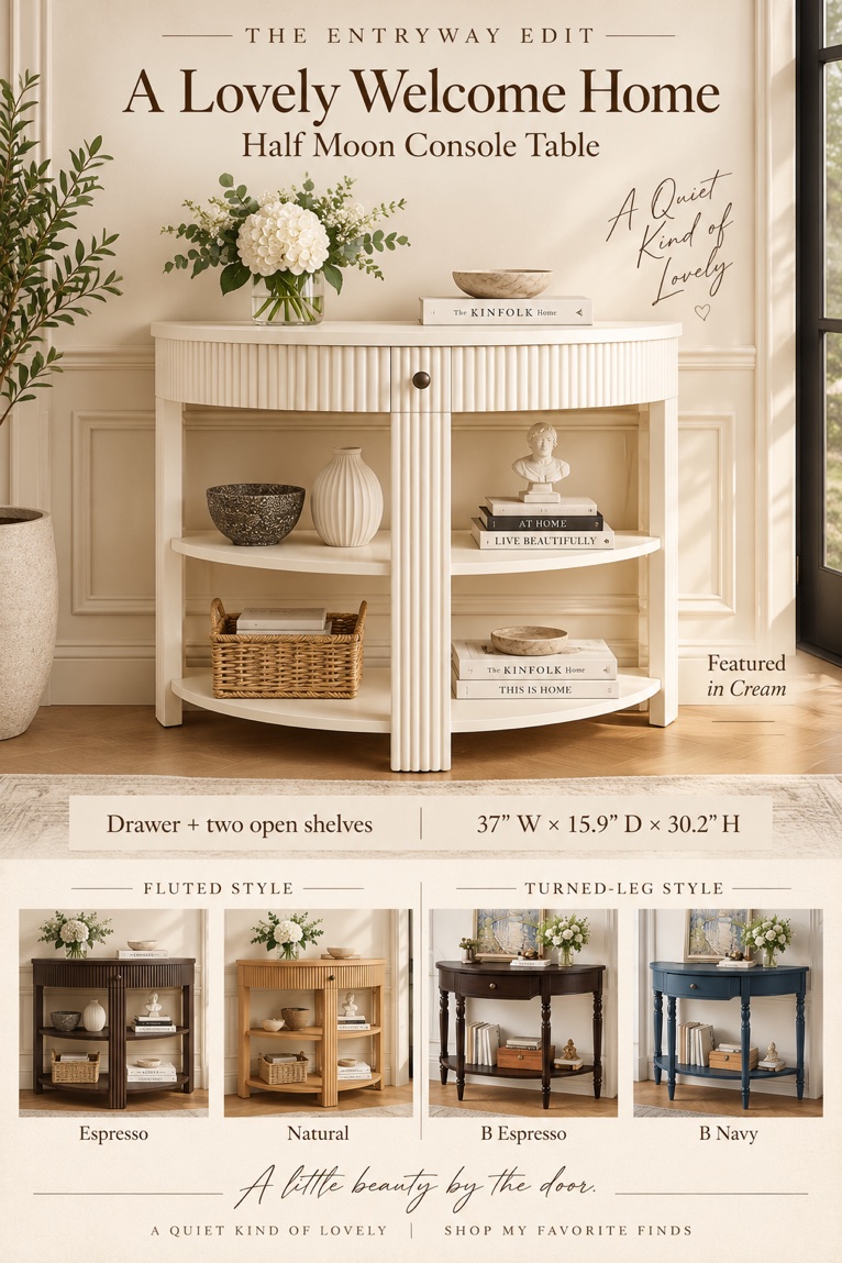 Half Moon Console Table with Drawer and Open Shelves