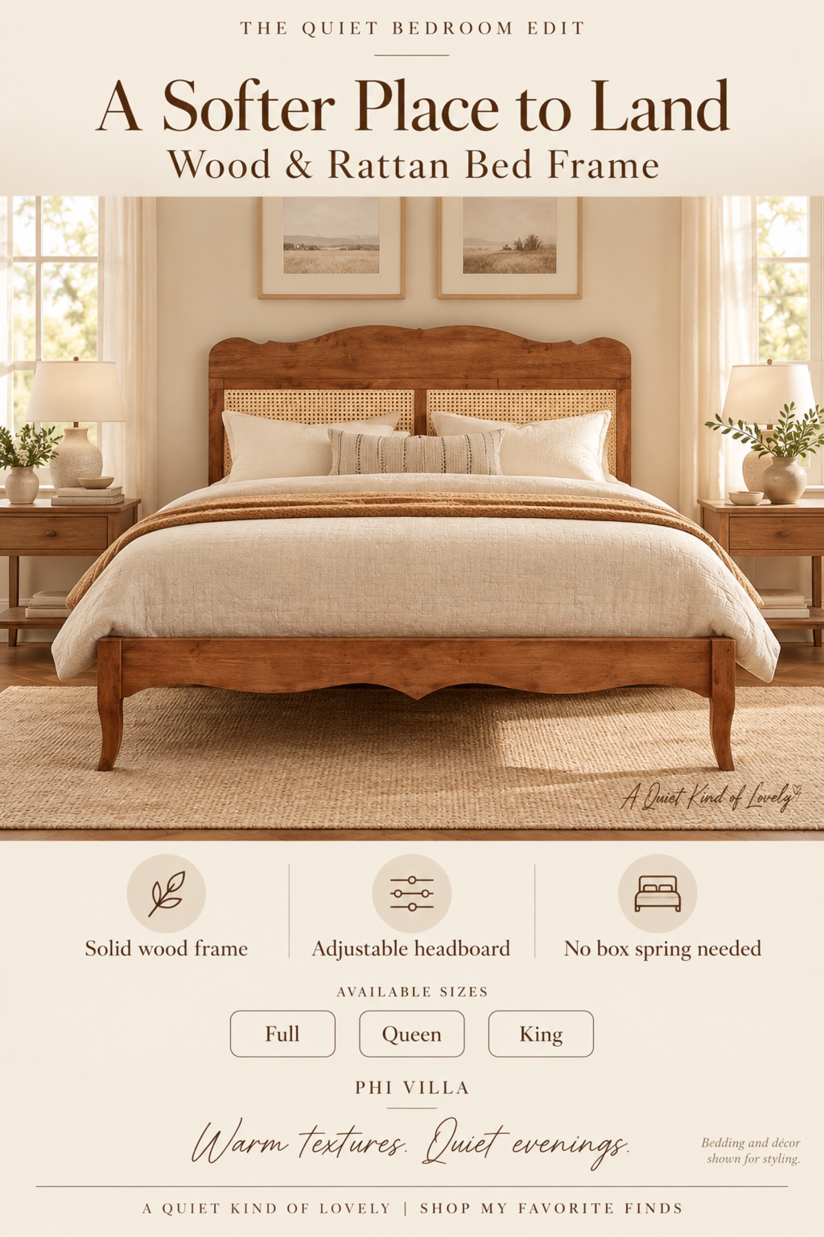 PHI VILLA Wood and Rattan Bed Frame