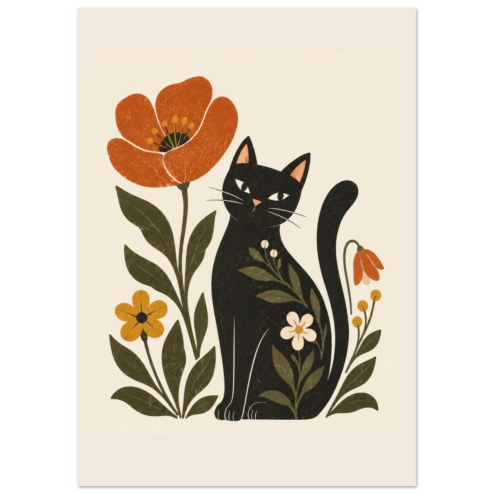 Botanical cat Scandinavian folk art print