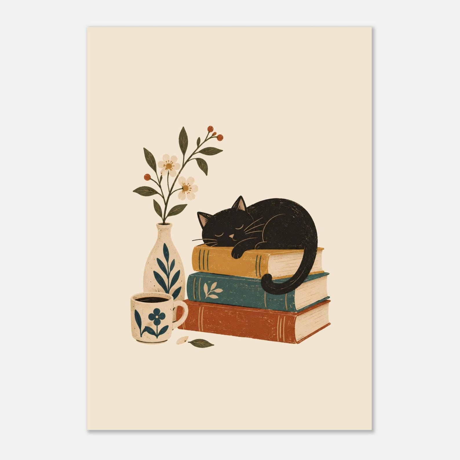 Black cat and books folk art print