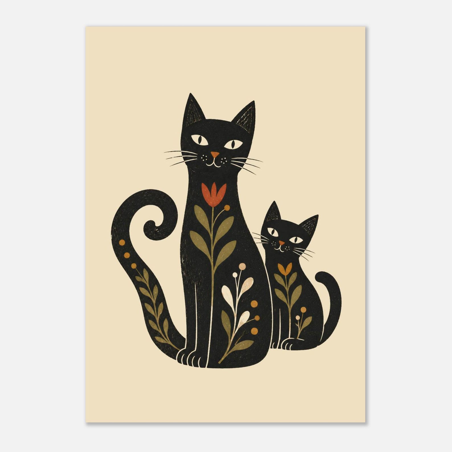 Black cat and kitten folk art print