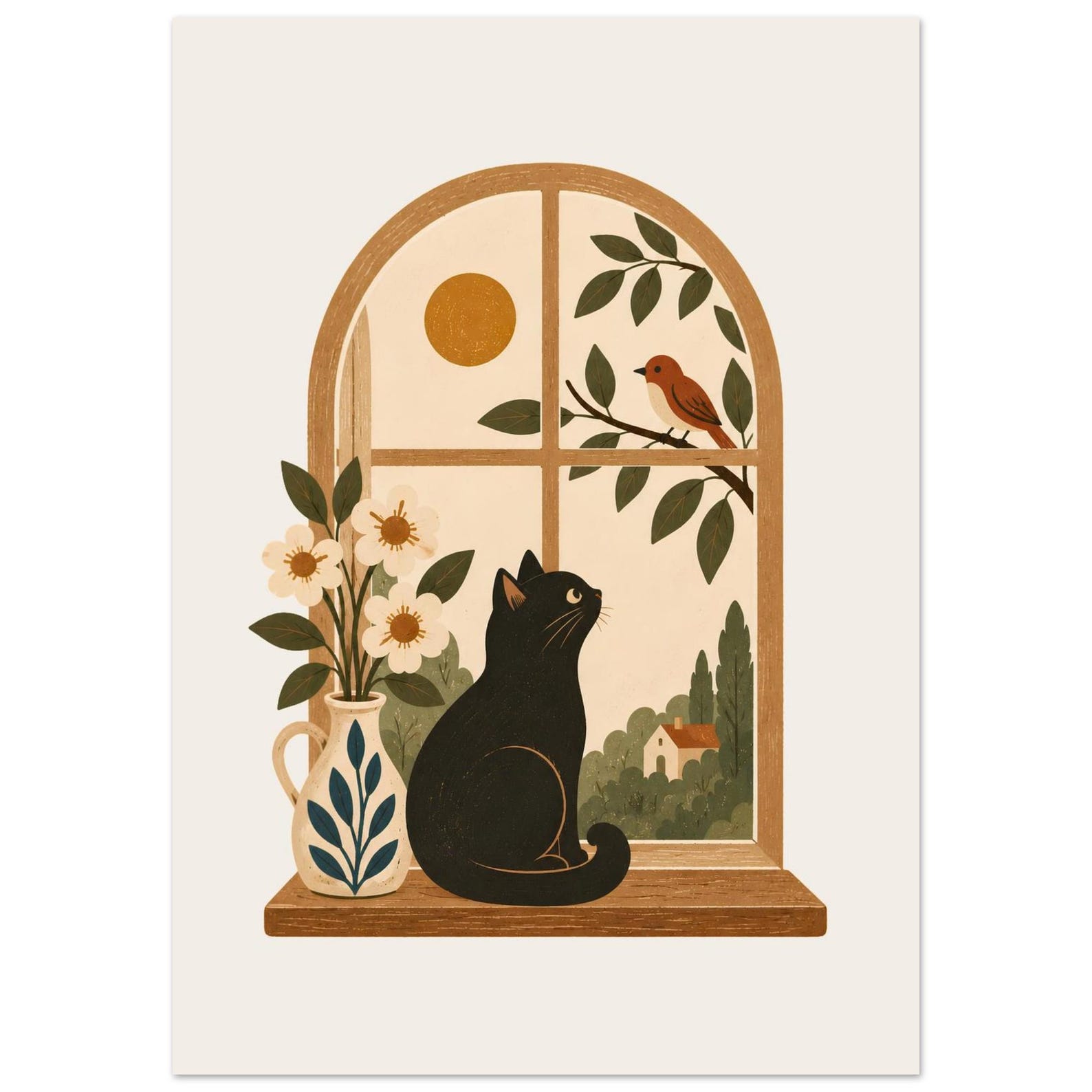 Black cat by window folk art print