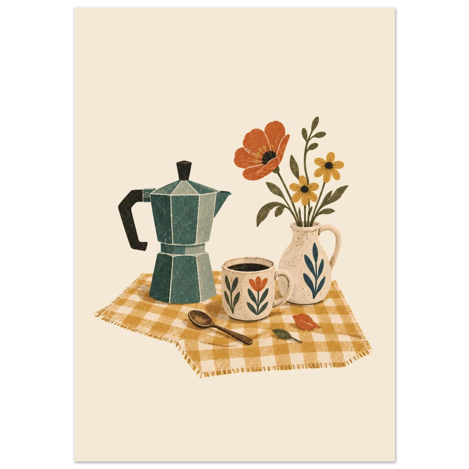 Vintage moka pot Scandinavian folk art print
