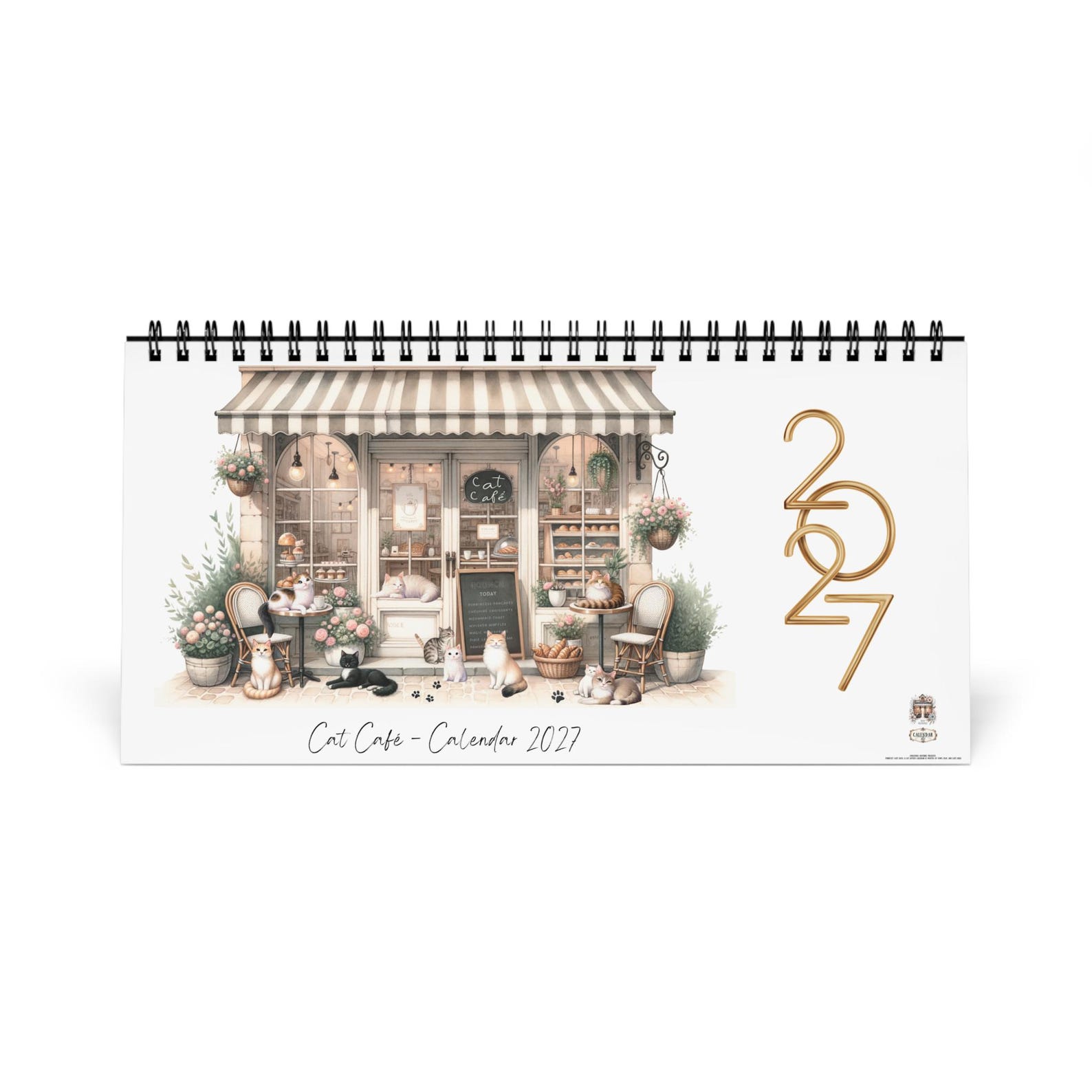 2027 cat cafe watercolor desk calendar