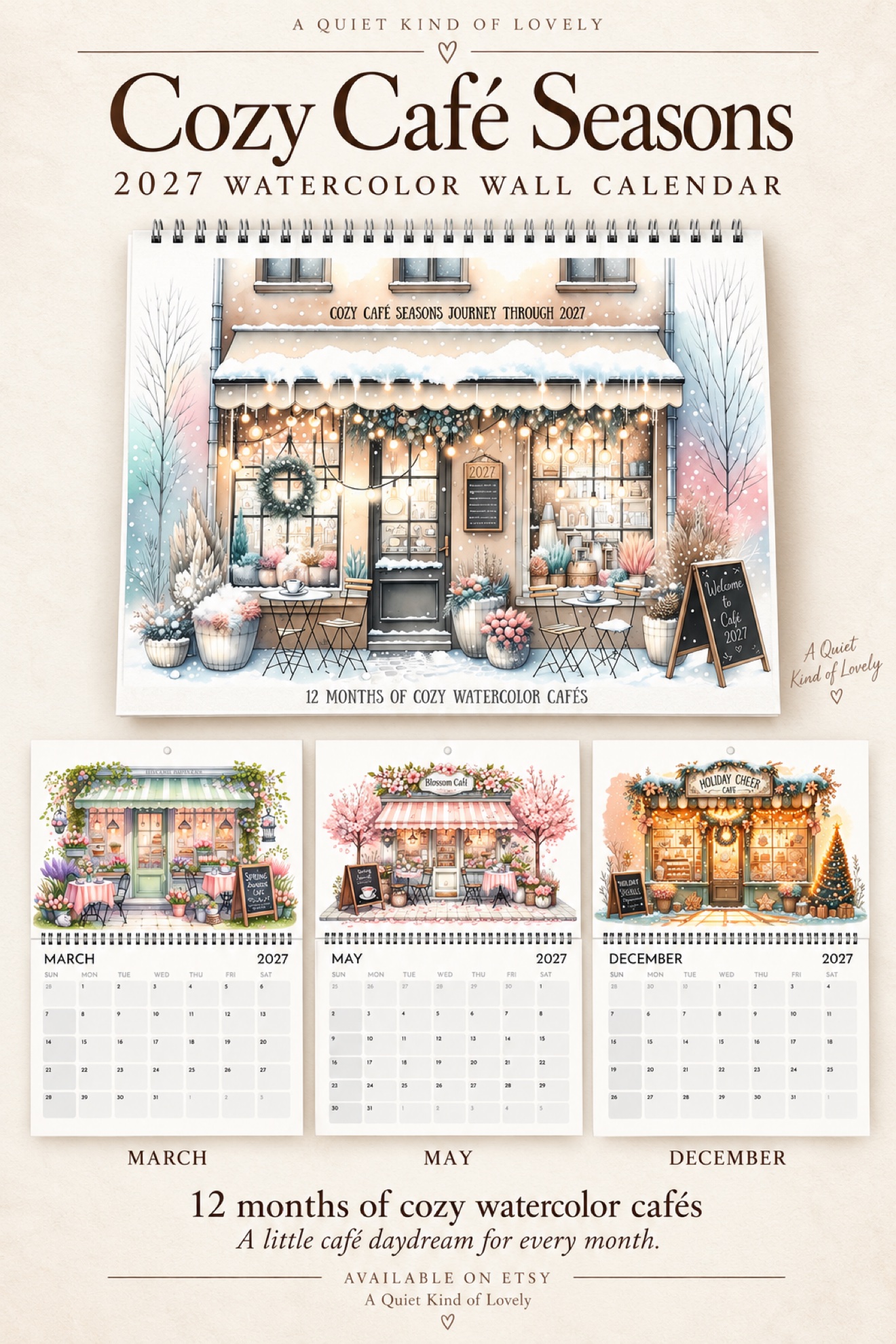 Cozy Café Seasons 2027 watercolor wall calendar, 12 months of cozy watercolor cafés, available on Etsy