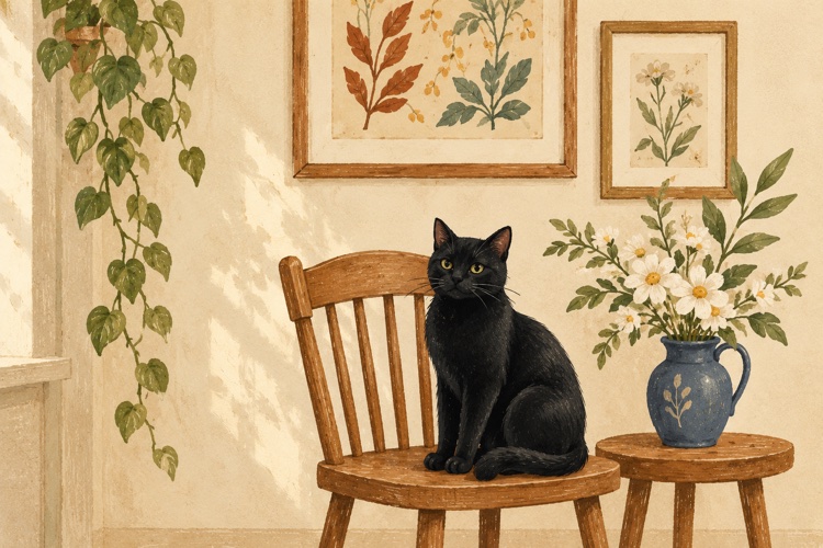 Original Art Prints: a black cat sitting beneath botanical wall art