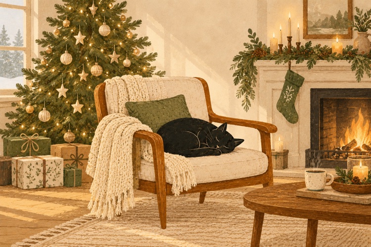Quiet Christmas: a cozy Christmas living room with a sleeping black cat