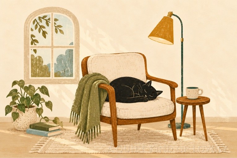 Black cat asleep in a cozy reading nook armchair