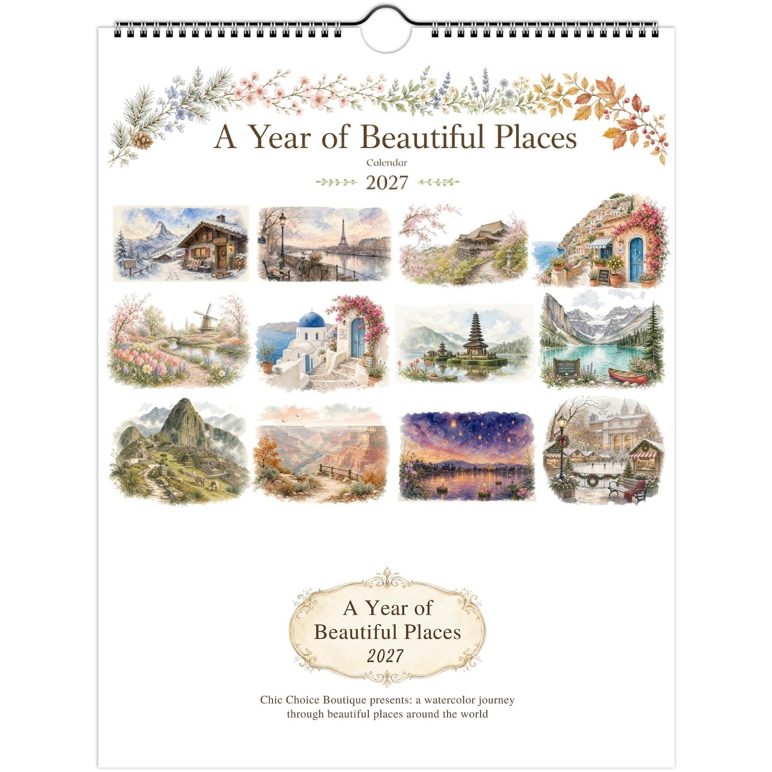 2027 watercolor travel wall calendar